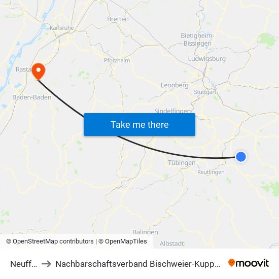 Neuffen to Nachbarschaftsverband Bischweier-Kuppenheim map