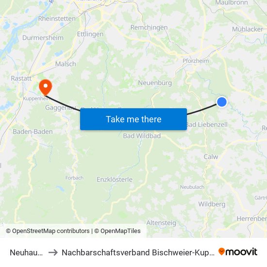Neuhausen to Nachbarschaftsverband Bischweier-Kuppenheim map