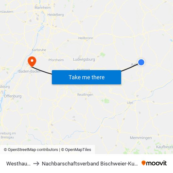 Westhausen to Nachbarschaftsverband Bischweier-Kuppenheim map