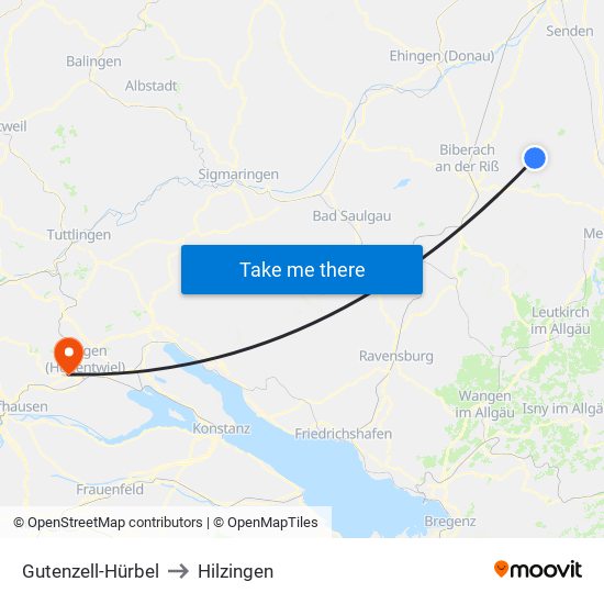 Gutenzell-Hürbel to Hilzingen map