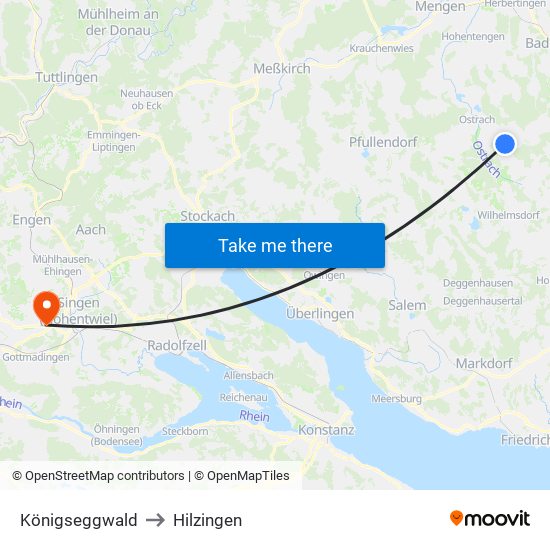 Königseggwald to Hilzingen map
