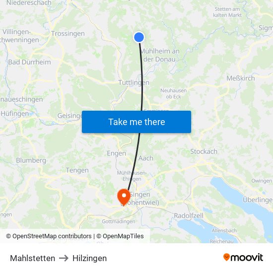 Mahlstetten to Hilzingen map