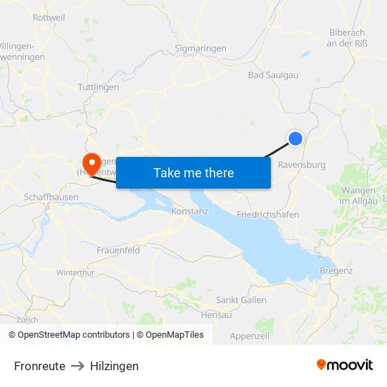 Fronreute to Hilzingen map