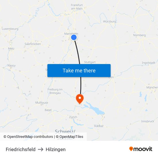 Friedrichsfeld to Hilzingen map