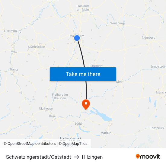 Schwetzingerstadt/Oststadt to Hilzingen map
