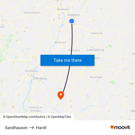 Sandhausen to Hardt map