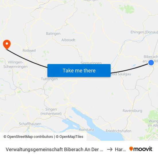 Verwaltungsgemeinschaft Biberach An Der Riß to Hardt map