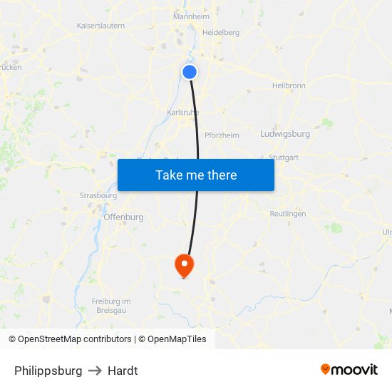 Philippsburg to Hardt map