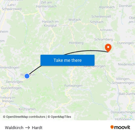 Waldkirch to Hardt map