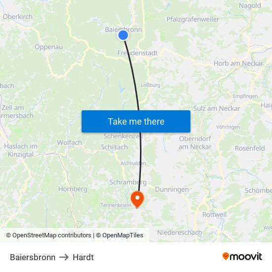 Baiersbronn to Hardt map