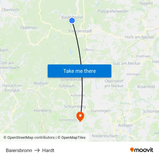 Baiersbronn to Hardt map