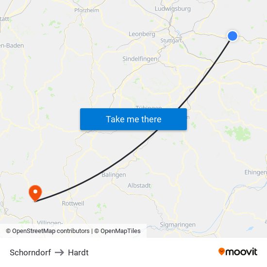 Schorndorf to Hardt map