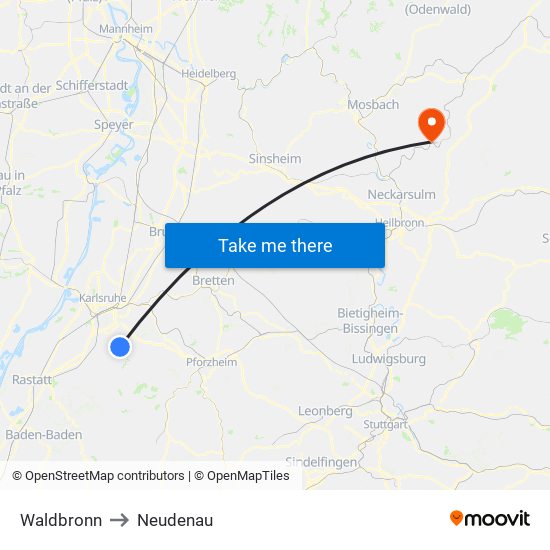 Waldbronn to Neudenau map