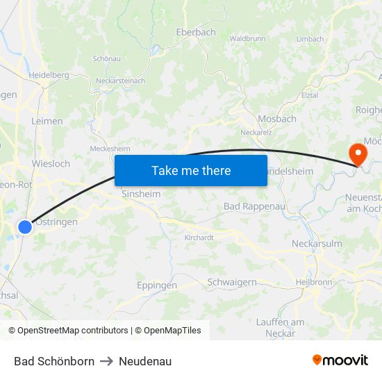 Bad Schönborn to Neudenau map