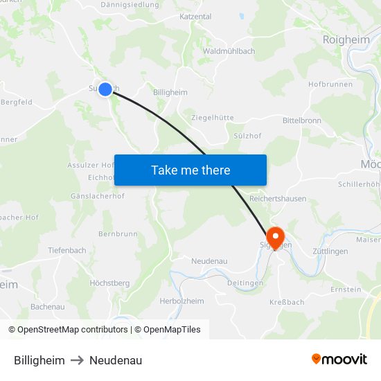 Billigheim to Neudenau map