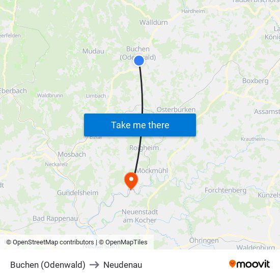 Buchen (Odenwald) to Neudenau map