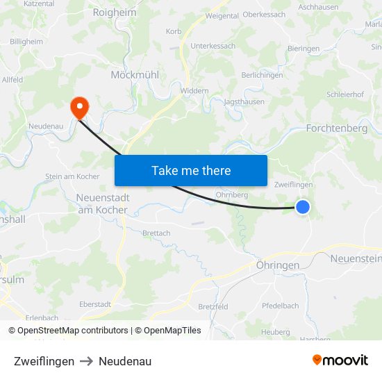 Zweiflingen to Neudenau map