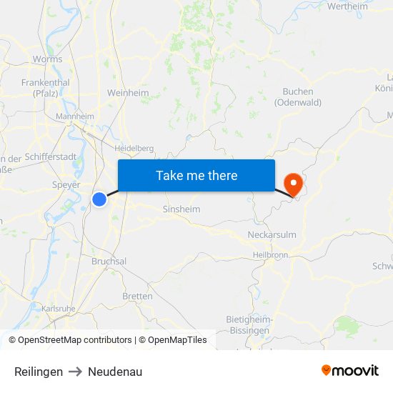 Reilingen to Neudenau map