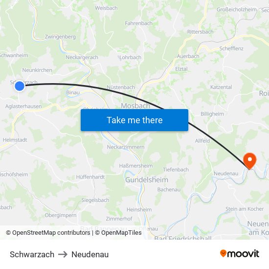 Schwarzach to Neudenau map