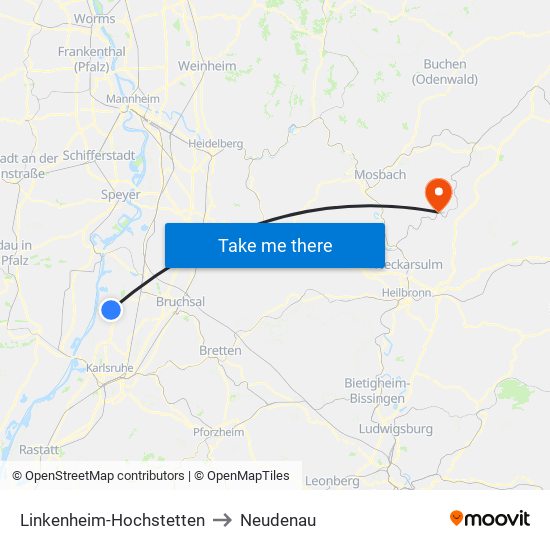 Linkenheim-Hochstetten to Neudenau map