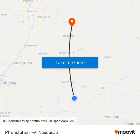 Pfronstetten to Neudenau map
