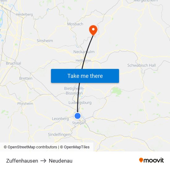 Zuffenhausen to Neudenau map