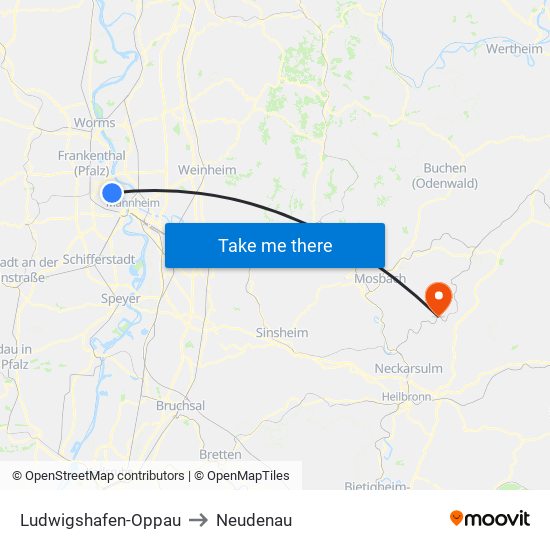 Ludwigshafen-Oppau to Neudenau map