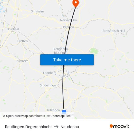 Reutlingen-Degerschlacht to Neudenau map