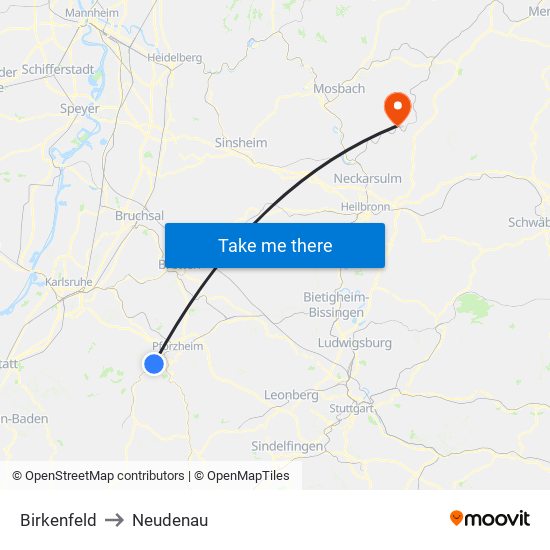 Birkenfeld to Neudenau map