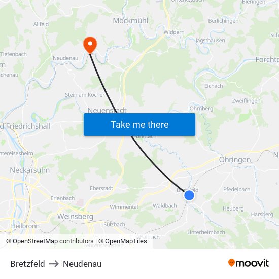 Bretzfeld to Neudenau map