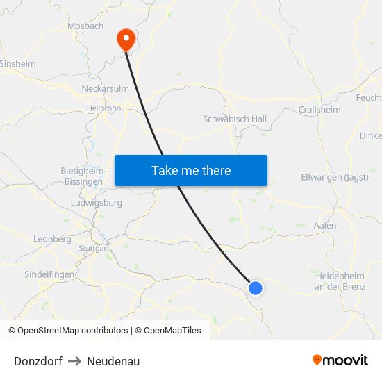 Donzdorf to Neudenau map
