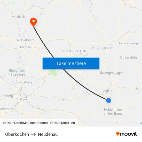 Oberkochen to Neudenau map