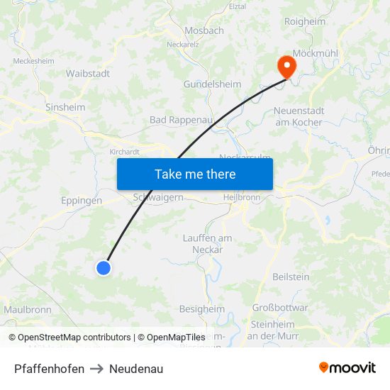 Pfaffenhofen to Neudenau map