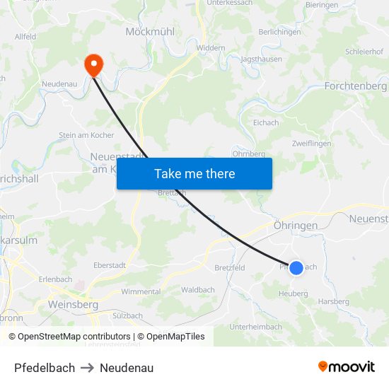 Pfedelbach to Neudenau map