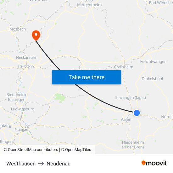 Westhausen to Neudenau map