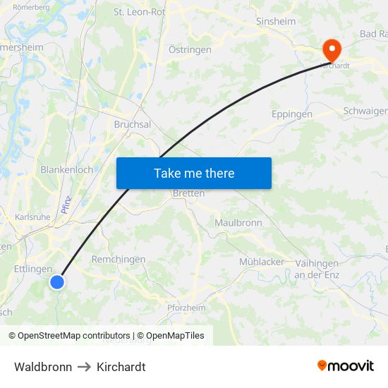 Waldbronn to Kirchardt map