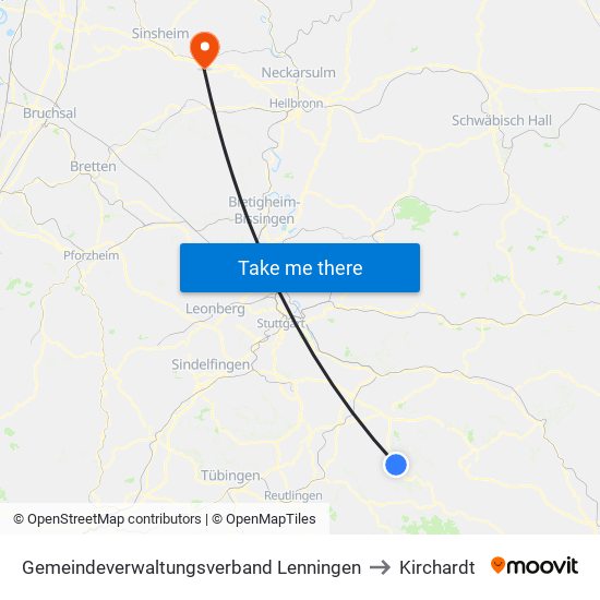 Gemeindeverwaltungsverband Lenningen to Kirchardt map