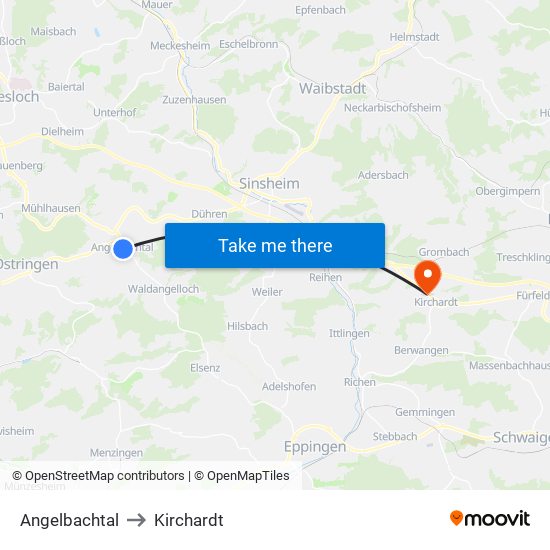 Angelbachtal to Kirchardt map