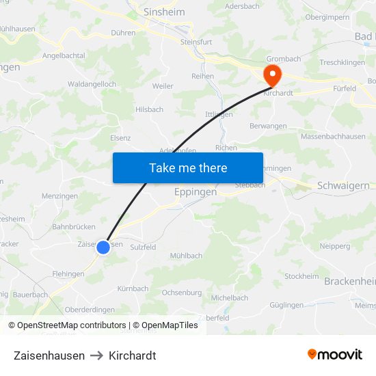 Zaisenhausen to Kirchardt map