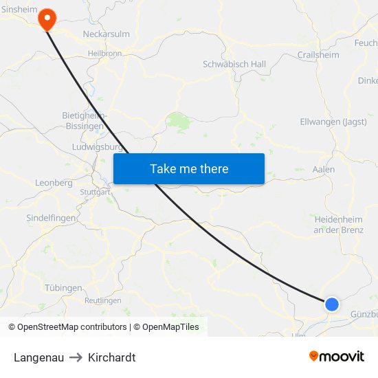 Langenau to Kirchardt map