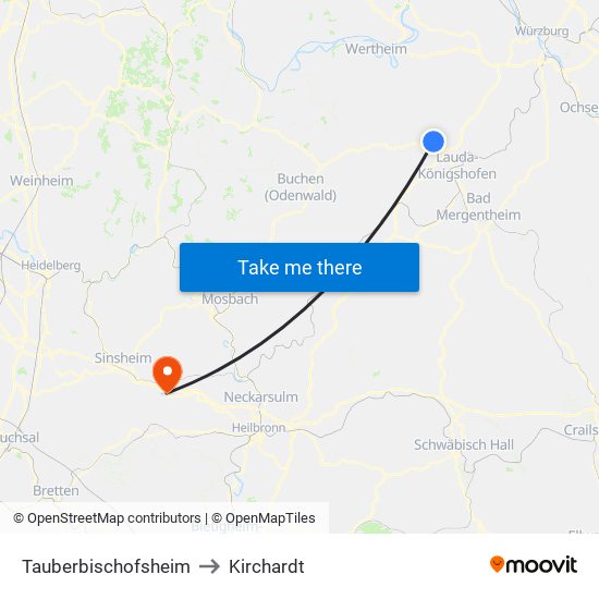 Tauberbischofsheim to Kirchardt map