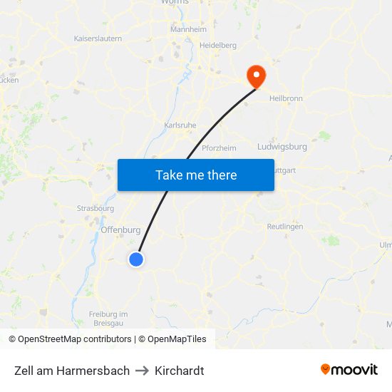 Zell am Harmersbach to Kirchardt map