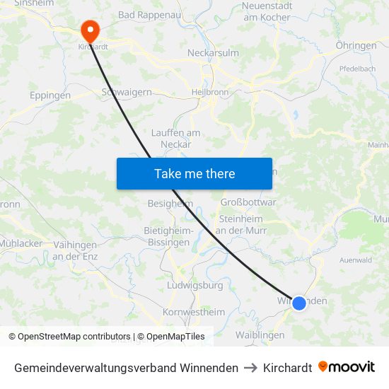 Gemeindeverwaltungsverband Winnenden to Kirchardt map