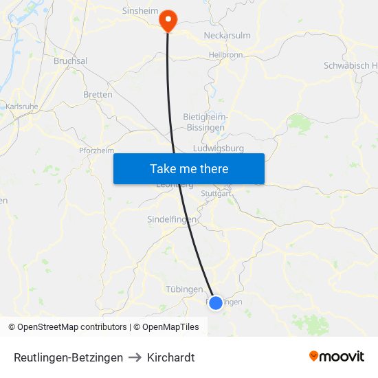 Reutlingen-Betzingen to Kirchardt map