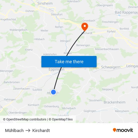 Mühlbach to Kirchardt map