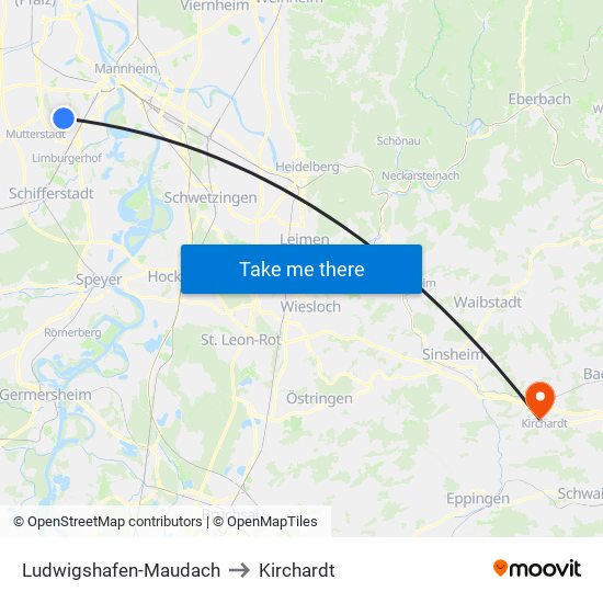 Ludwigshafen-Maudach to Kirchardt map