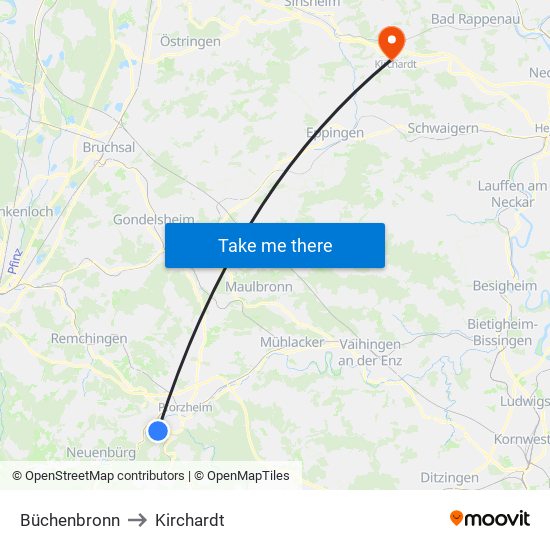 Büchenbronn to Kirchardt map