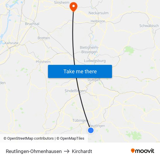 Reutlingen-Ohmenhausen to Kirchardt map