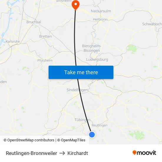 Reutlingen-Bronnweiler to Kirchardt map