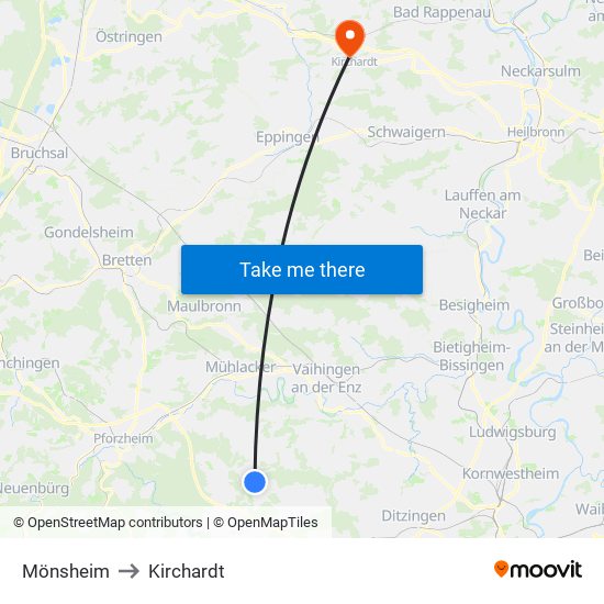 Mönsheim to Kirchardt map